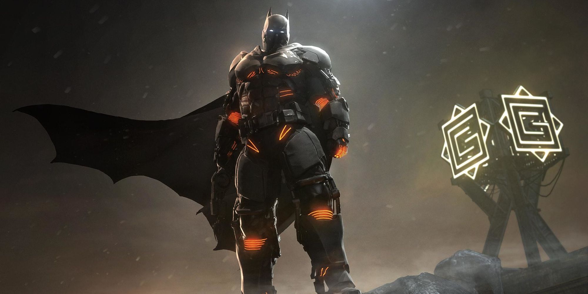Batman standing on a rooftop wearing the XE Batsuit in Batman Arkham Origins