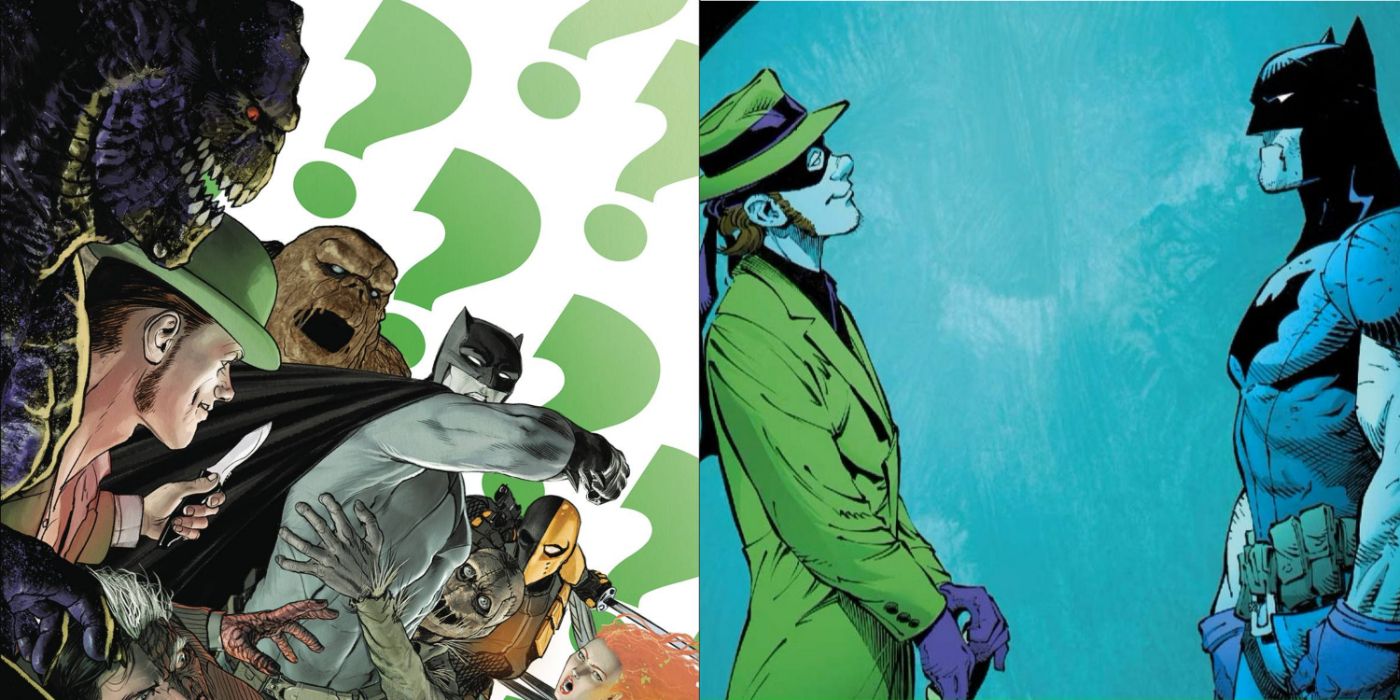 Split image of Batman vs his rogues in The War of Jokes and Riddles and Batman facing Riddler in Zero Year