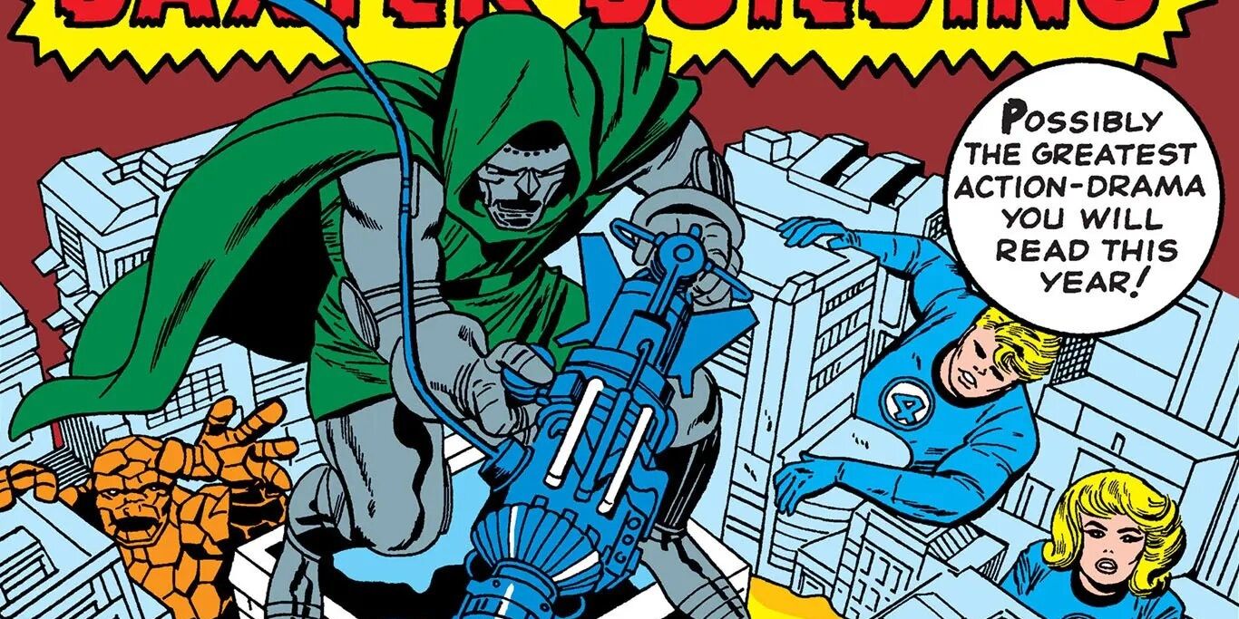 Doctor Doom stands on top of the Baxter Building with a weapon, while three of the Fantastic Four (Sue Storm, Johnny Storm and The Thing) try to stop him.