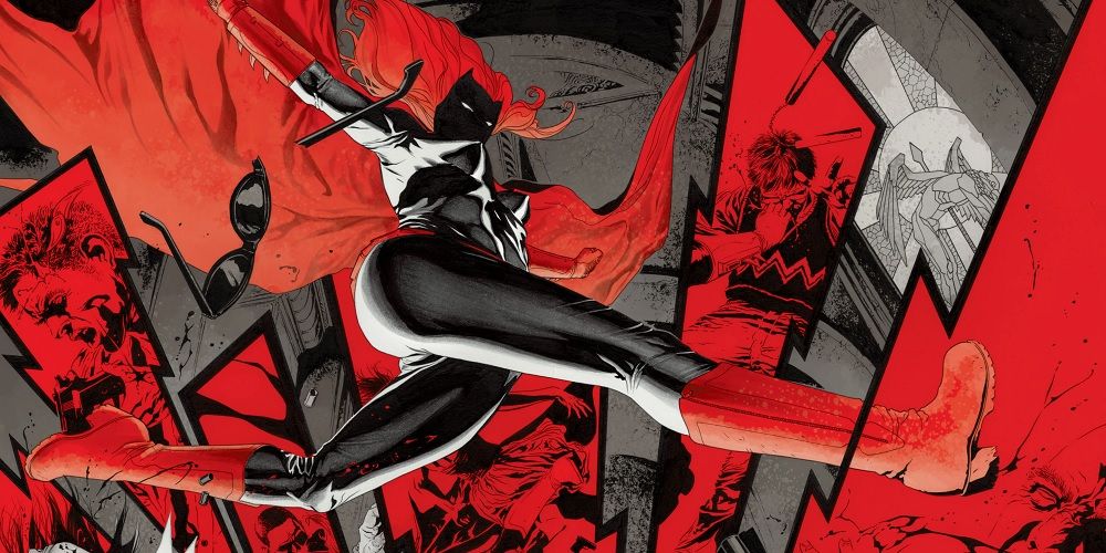 A black, red, and grey action shot of Kate Kane kicking from Batwoman: Elegy.
