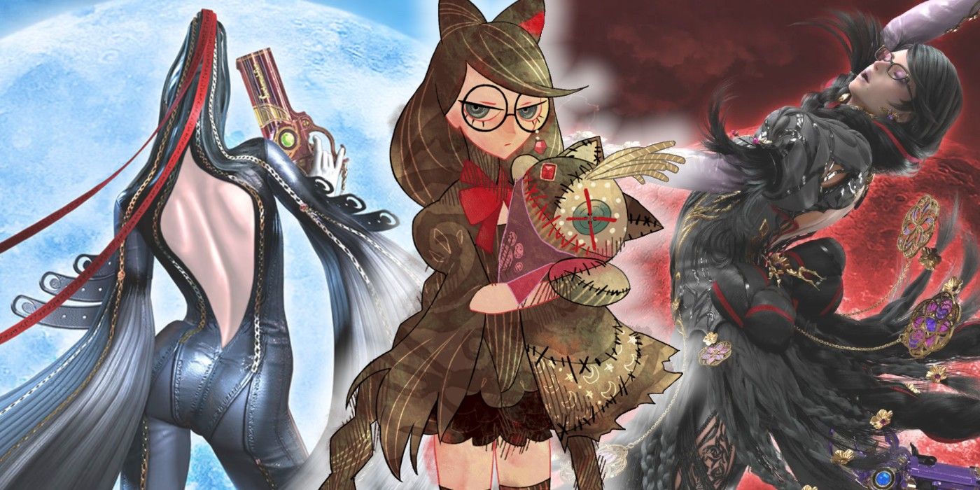 Cereza from Bayonetta Origins over art of Bayonetta from the first and third games