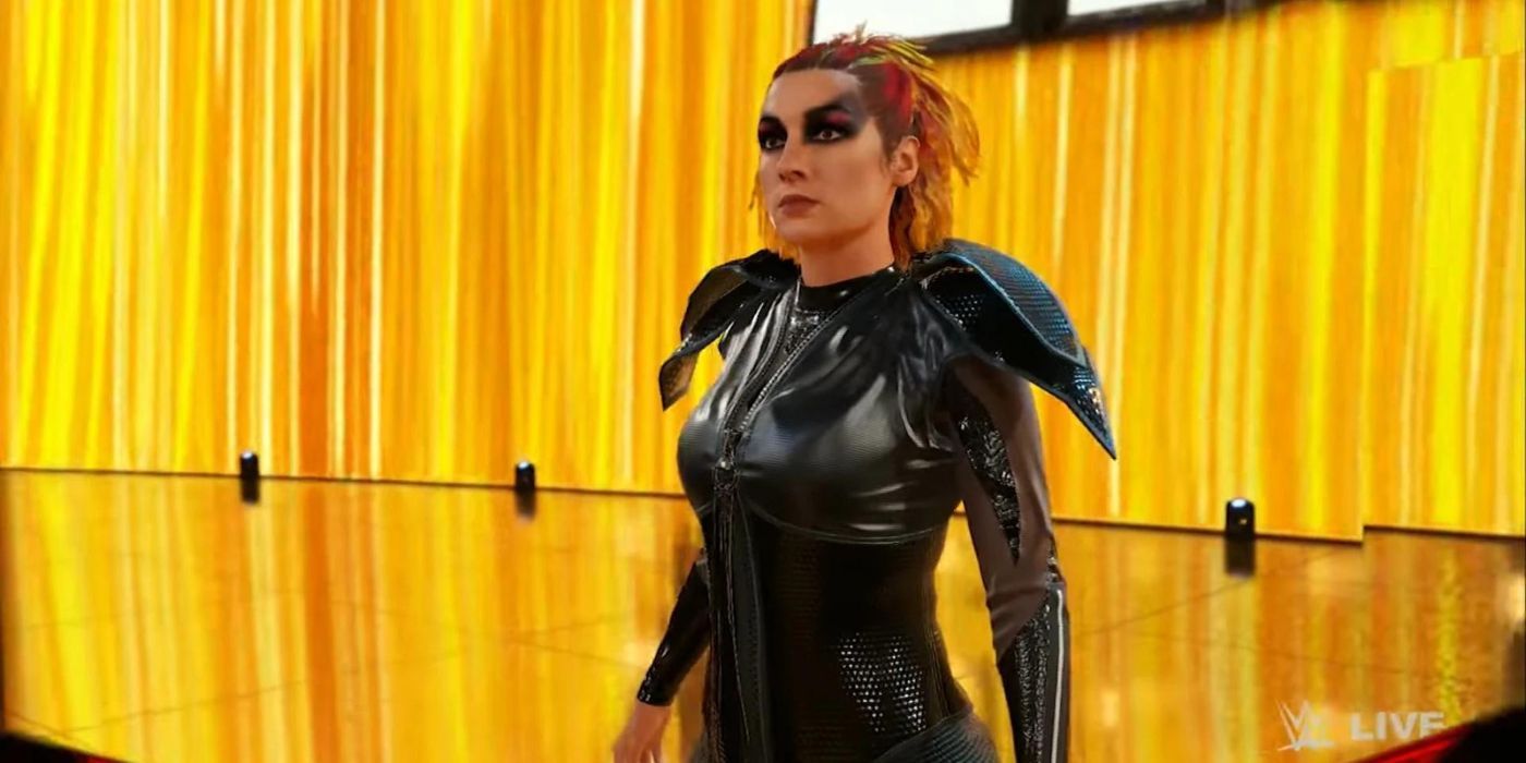 Becky Lynch standing in front of yellow entrance screen in WWE 2K23 game.