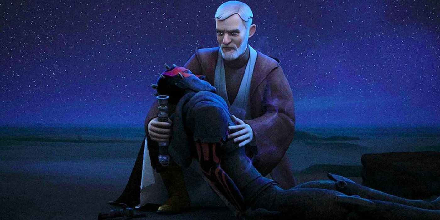 Ben Kenobi holds Darth Maul's body in his arms while on Tattooine at night