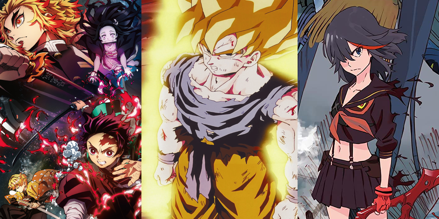 Split image of Demon Slayer, SSJ Goku, and Ryuko Matoi