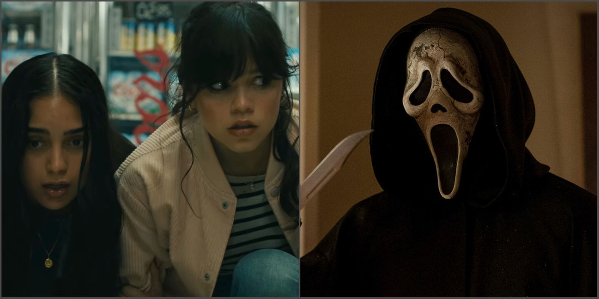 Scream VI: Sam and Tara sneak around the convenience store and Ghostface wearing Billy's mask