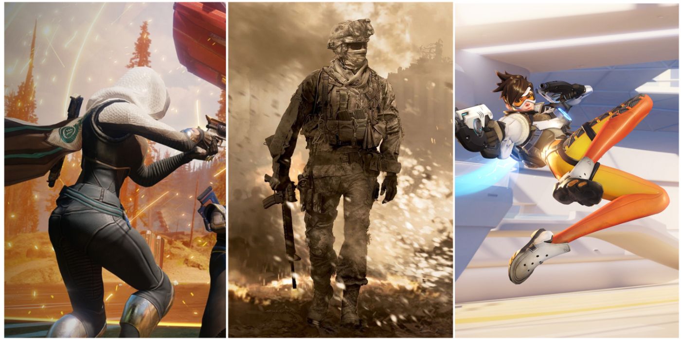 A split image showing a Guardian in Destiny 2, Call of Duty: Modern Warfare 2, and Tracer from Overwatch