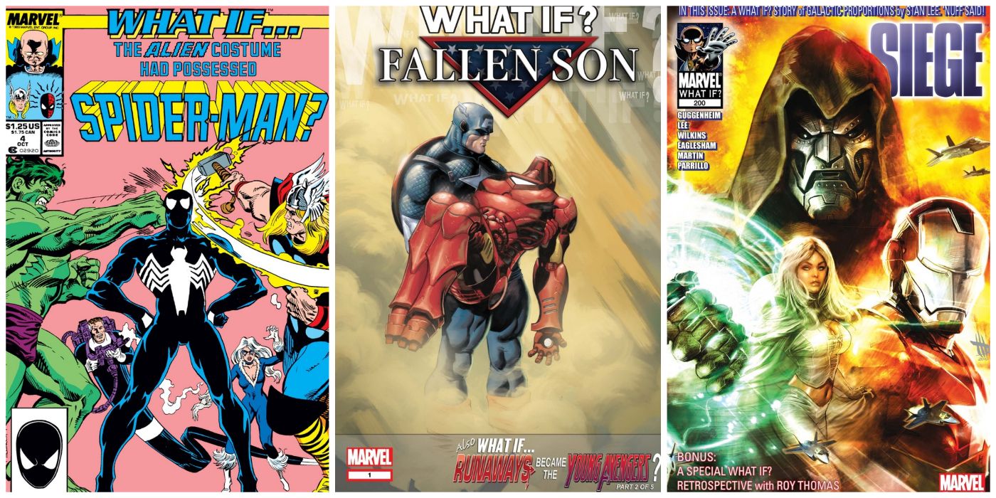 Split image of What If #4 with Symbiote Spider-Man, What If Fallen Son, and What If #200