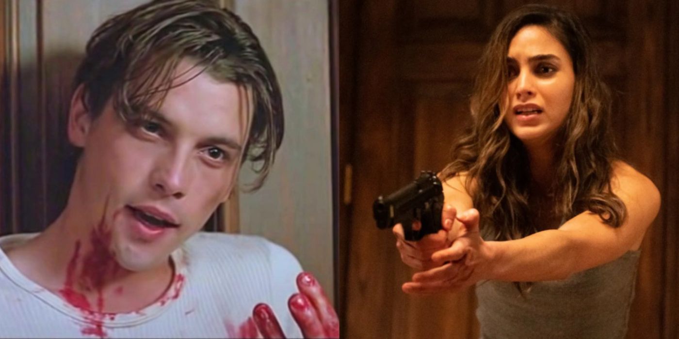 Billy Loomis covered in blood in Scream (1996) and Sam Carpenter holding up a gun in Scream (2022). 