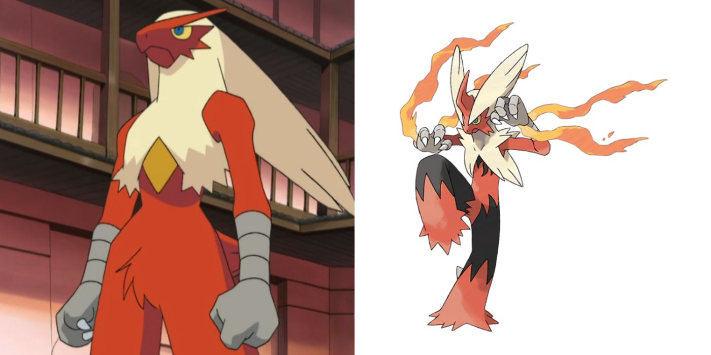 Imagem dividida de Blaziken no anime e na arte oficial do jogo Mega Blaziken.