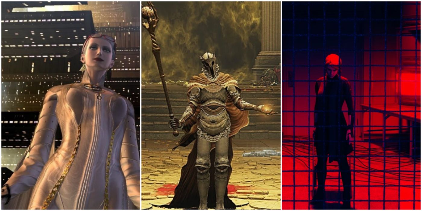 A split image showing Jeanne in Bayonetta, Sir Gideon Ofnir, the All-Knowing in Elden Ring, and esseJ in Control