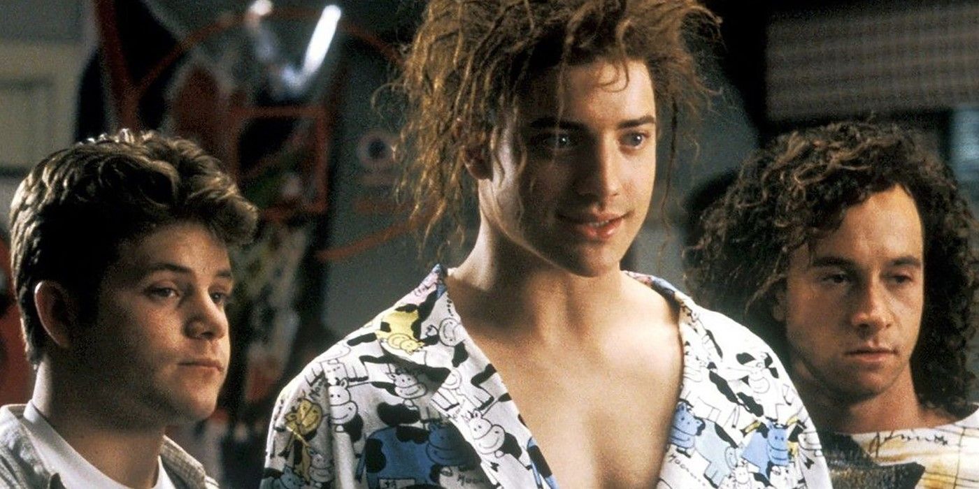 Brendan Fraser, Pauly Shore and Sean Astin standing together in Encino Man.