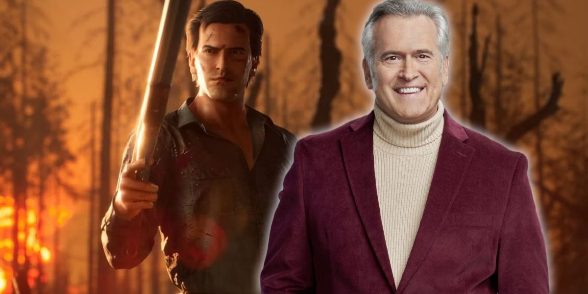 Bruce Campbell smiling over image of Ash from Evil Dead video game