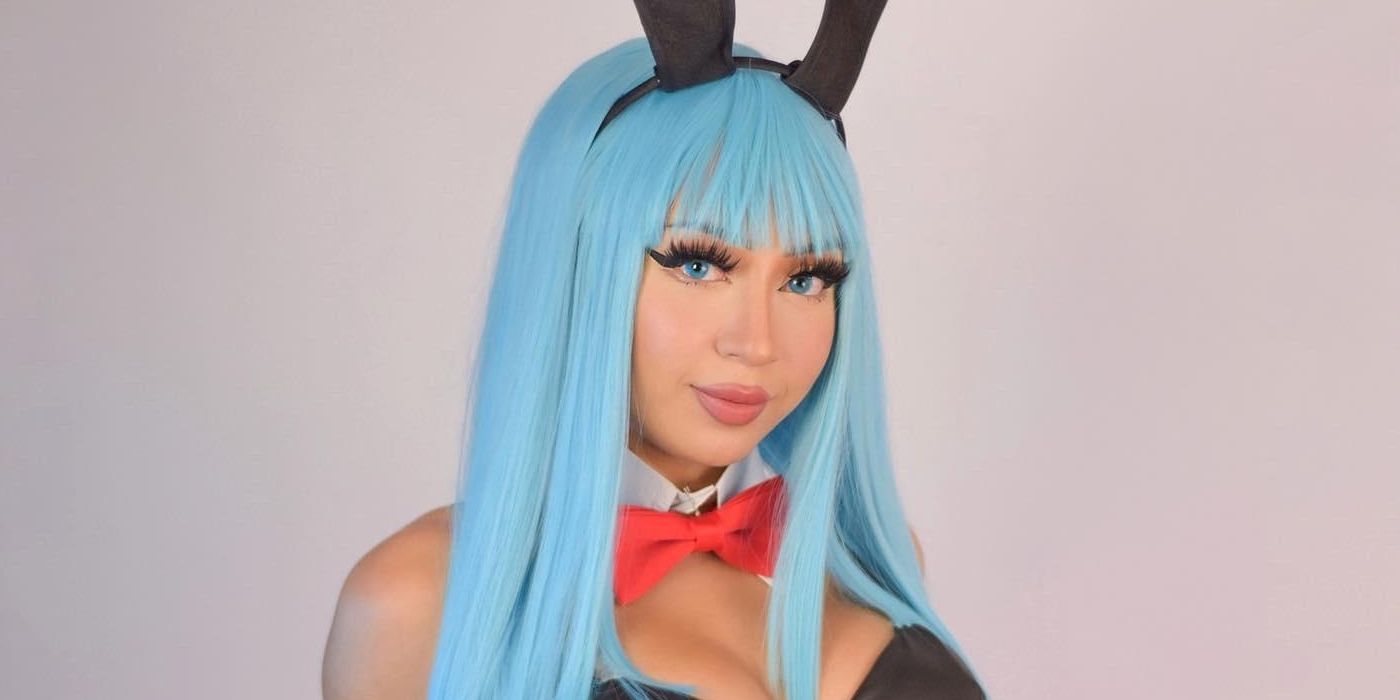A cosplay of Bulma in her bunny outfit from Dragon Ball.
