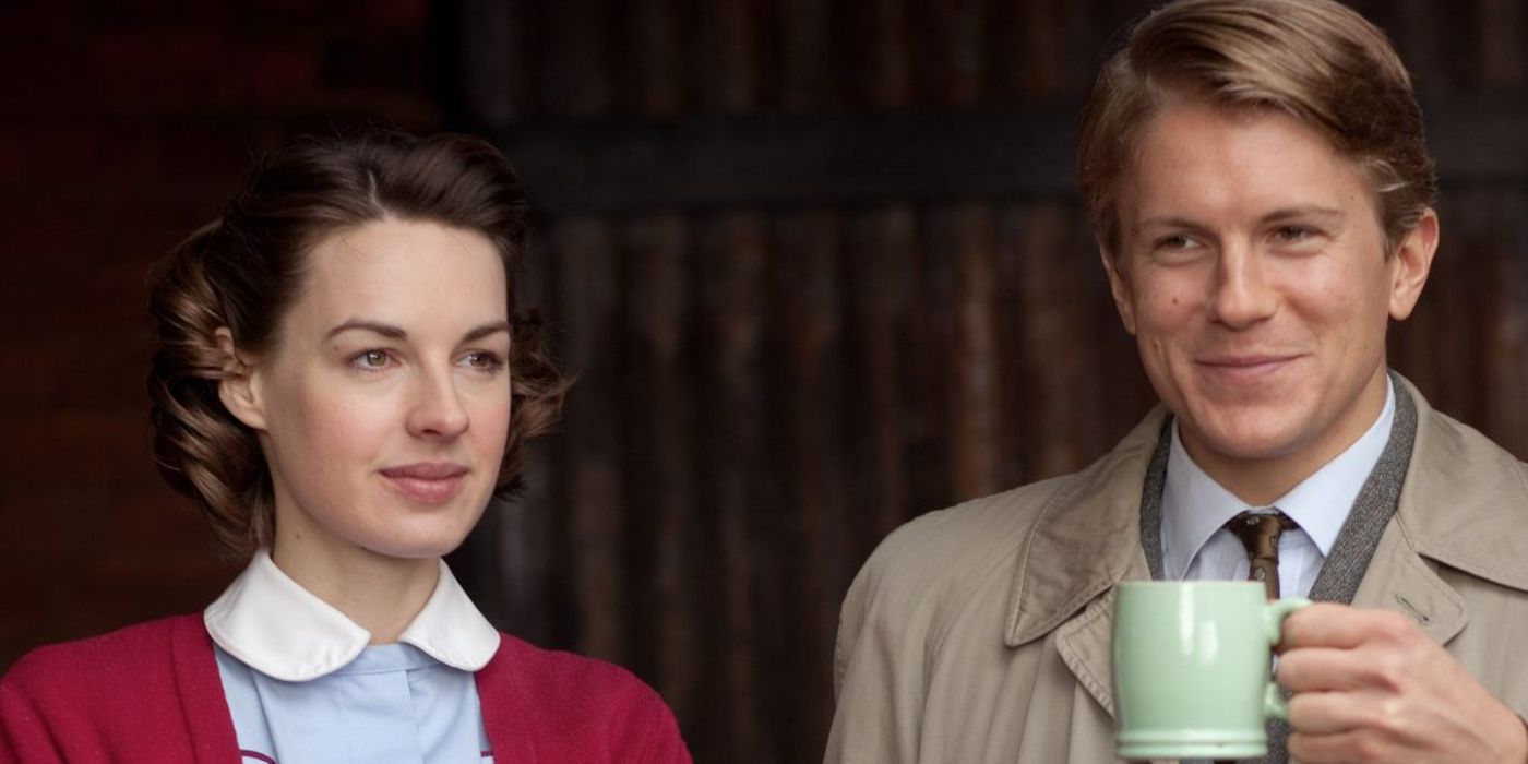Call the Midwife's Jenny Lee (Jessica Raine) and Jim holding a cup of coffee.