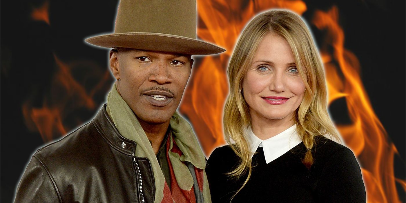 Jamie Foxx and Cameron Diaz with flames behind them