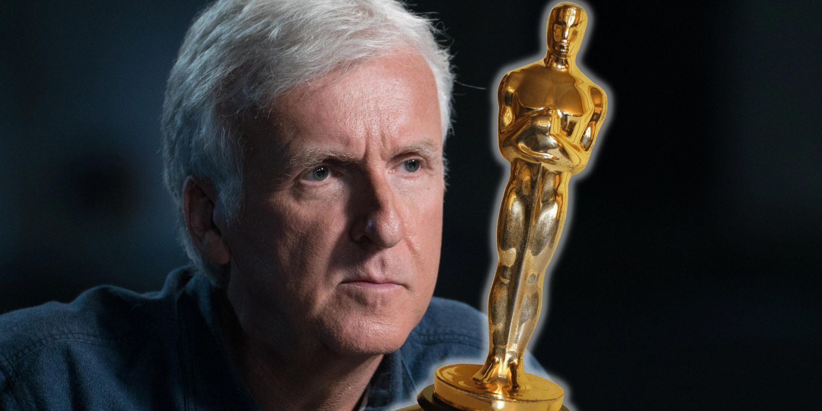 James Cameron next to an Academy Award.