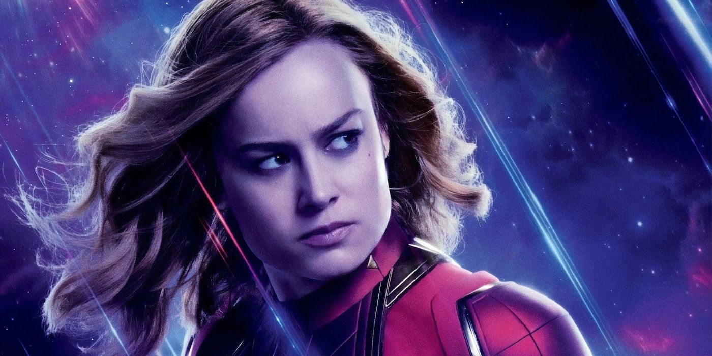 Captain Marvel looking serious in the MCU on the Avengers Endgame poster.