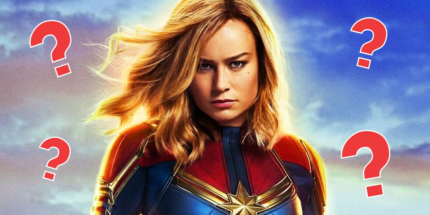Captain Marvel with red question marks around her