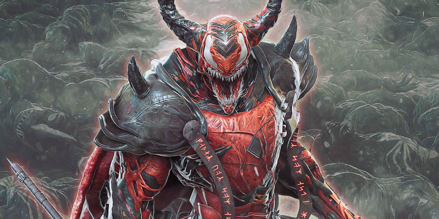 Carnage rocks a medieval design on cover artwork for Death of the Venomverse, a 2023 event from Marvel Comics.