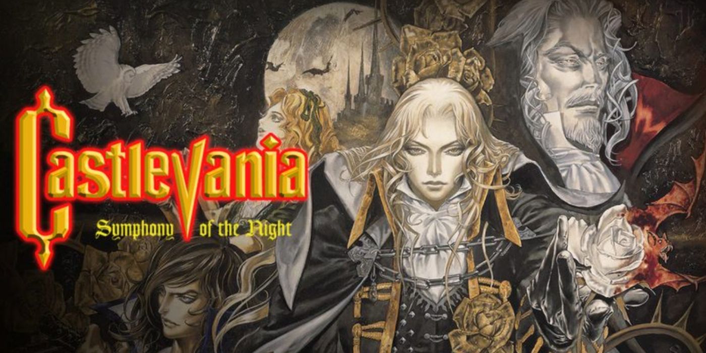 Castlevania: Symphony of the Night key art apresentando Alucard e o resto do elenco principal.