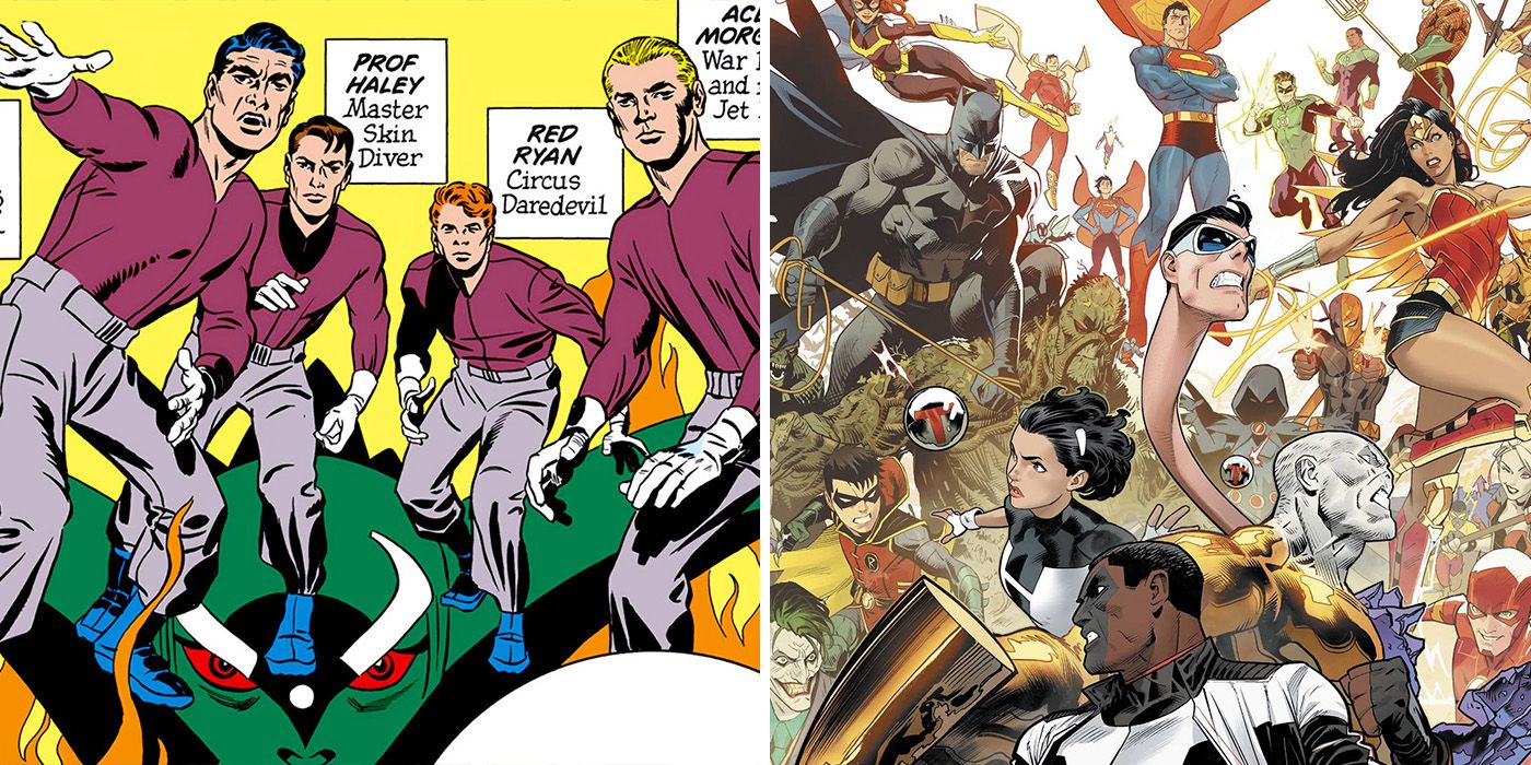 split image of the Golden Age Challengers of the Unknown and The Terrifics teaming with the Justice League