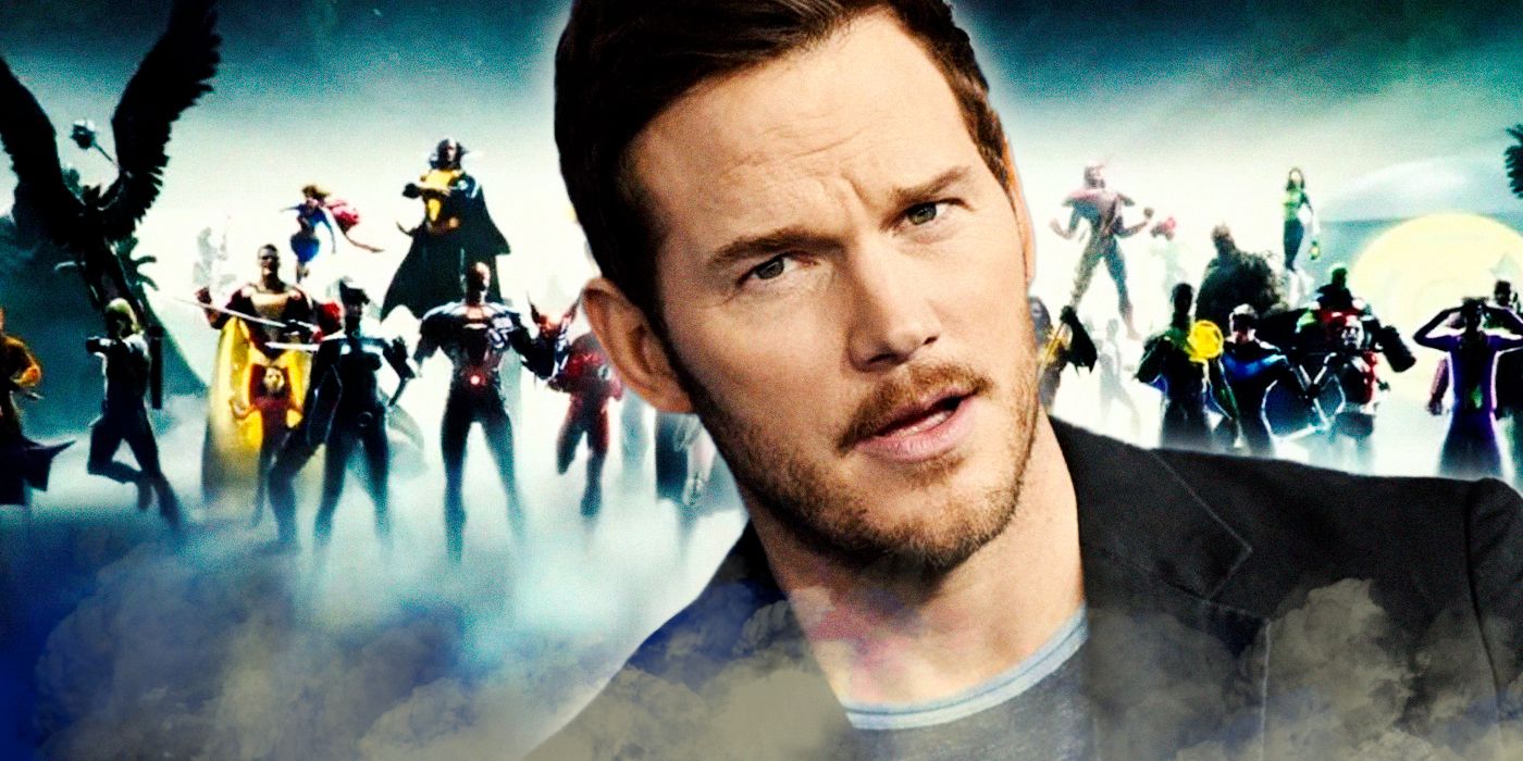 Chris Pratt with a poster featuring various DCU characters in the background
