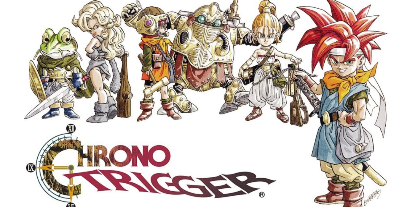 Arte principal do Chrono Trigger apresentando o elenco principal de personagens.