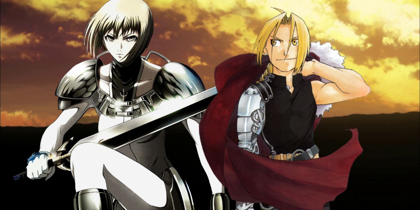 collage of edward elric of fma and clare of claymore in front of a sunset