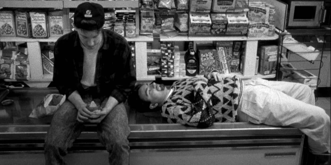 Randal and Dante sit on the freezer in Clerks