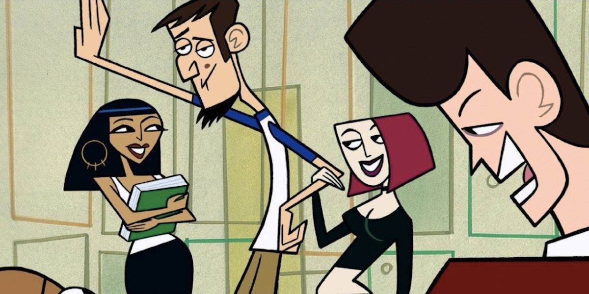Abe from Clone High leaning against lockers while Joan hangs on him and Cleo looks affectionately