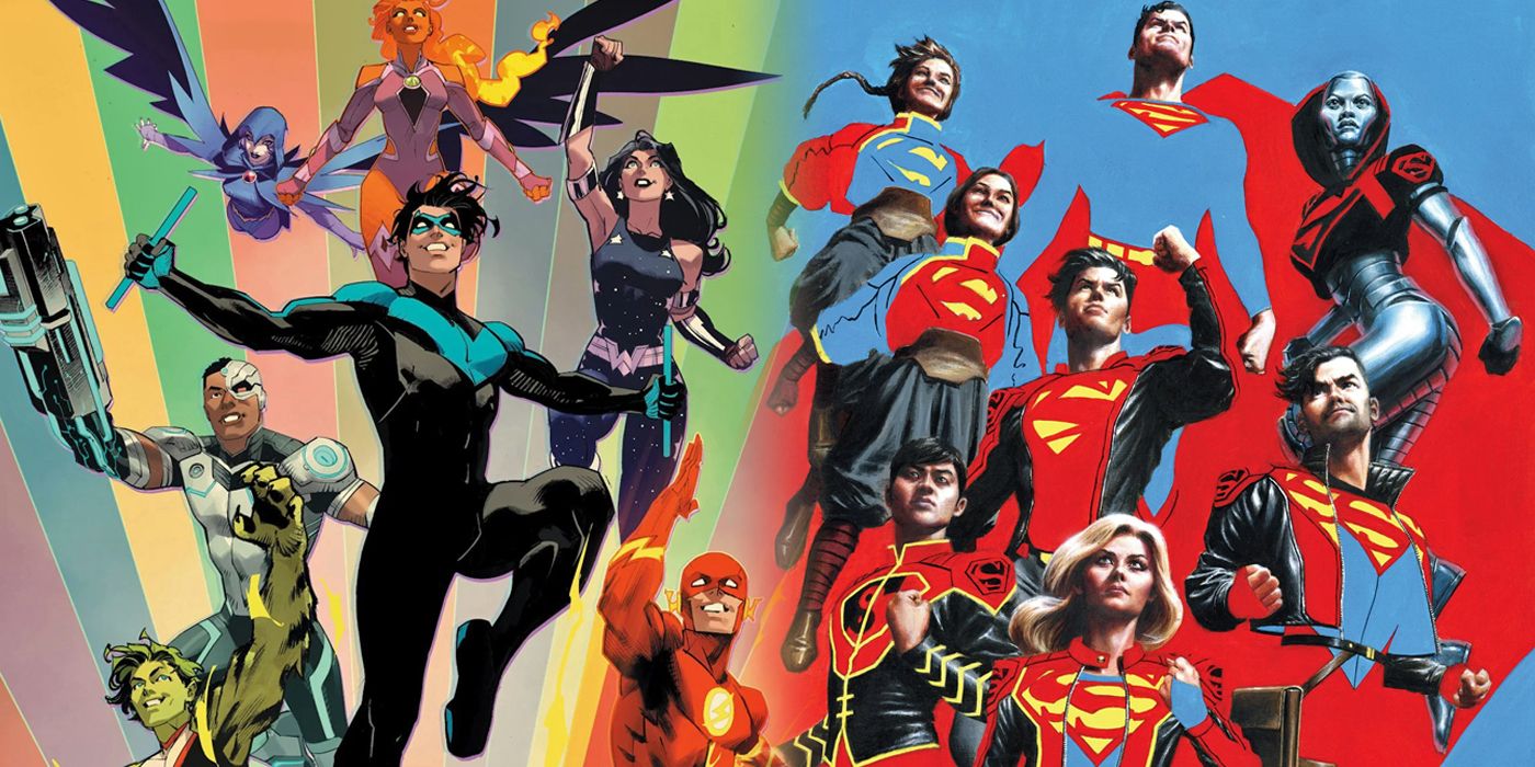 Split image of the Titans and the Superman Family from DC Comics