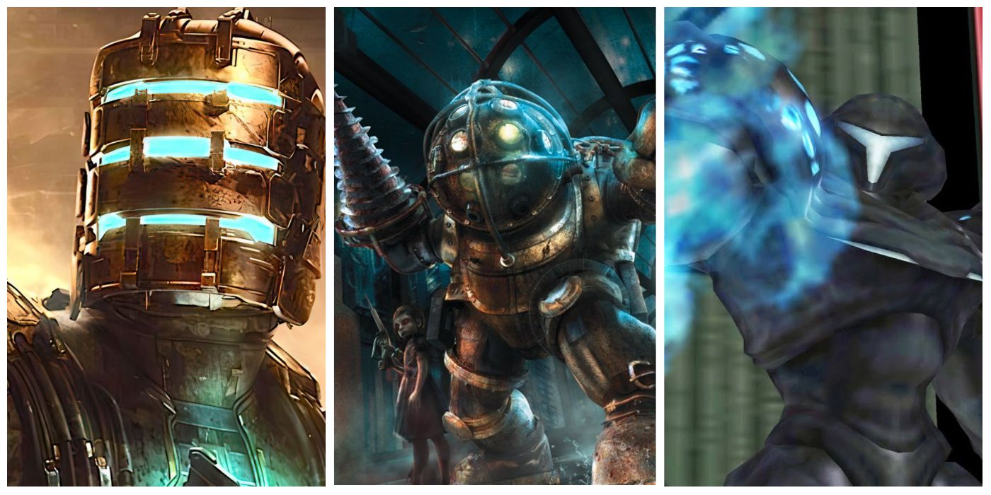 A split image of Dead Space, BioShock, and Dark Samus from Metroid Prime 2: Echoes