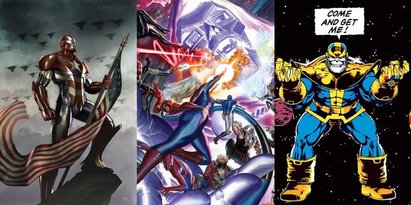 A split image of Iron Patriot, God Emperor Doom, and Thanos with the Infinity Gauntlet from Marvel Comics
