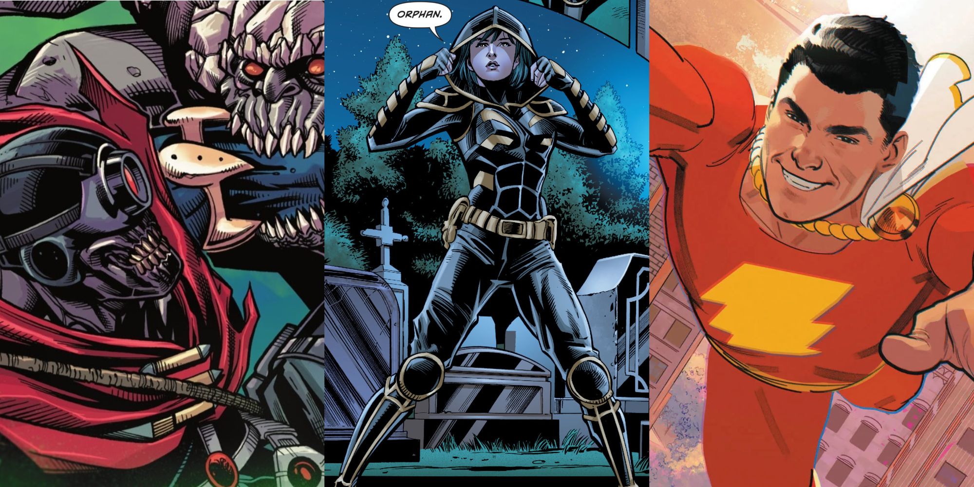 A split image of Deadeye vs Everyman, of Cassandra Cain, and of Shazam from DC Comics
