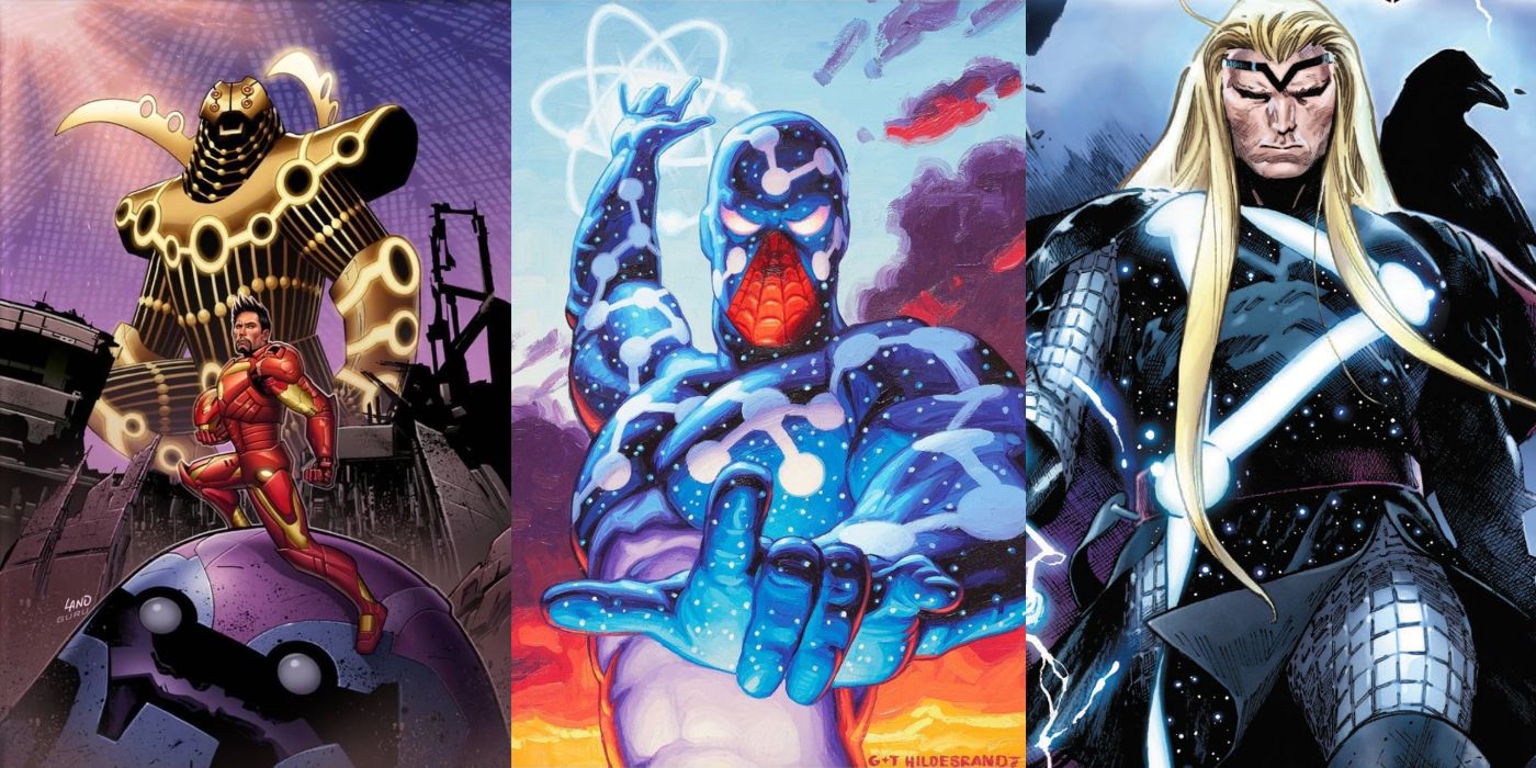 A split image of Iron Man with his Godkiller Armor, Spider-Man as Captain Universe, and Thor from The Devourer King from Marvel Comics