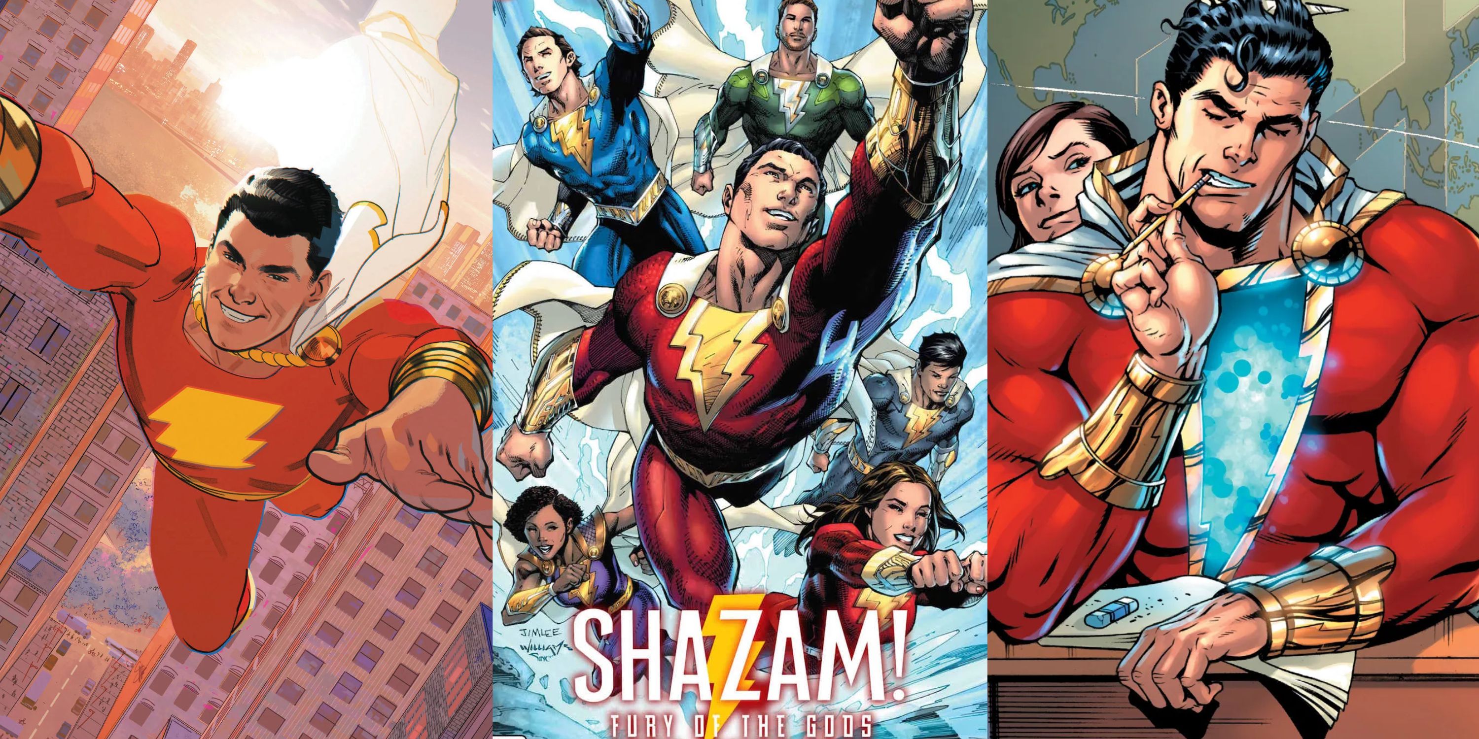 Split image Shazam post-Lazarus Planet and the Shazam Family in DC Comics