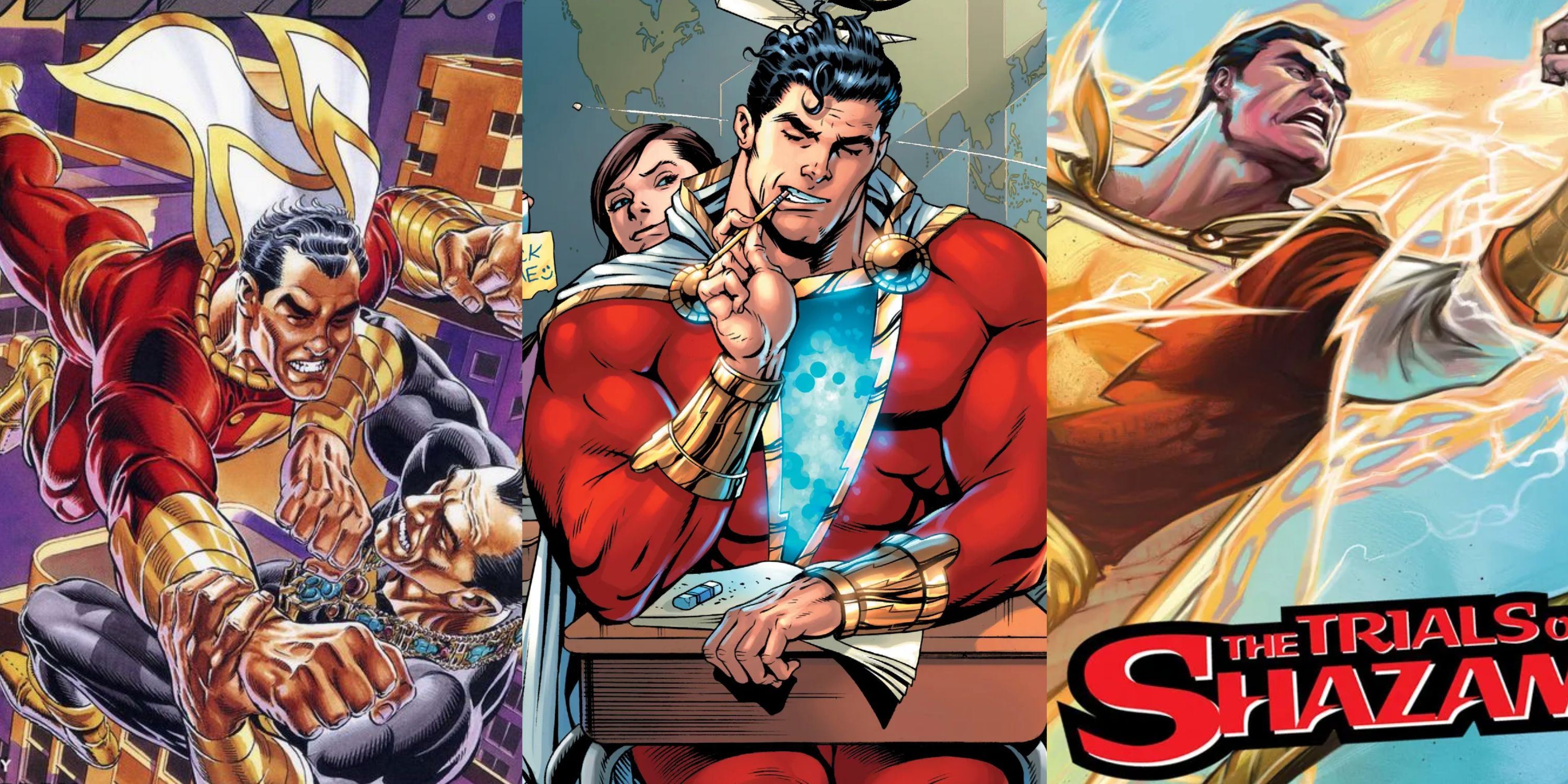 Split image of Shazam fighting Black Adam and calling lightning in DC Comics