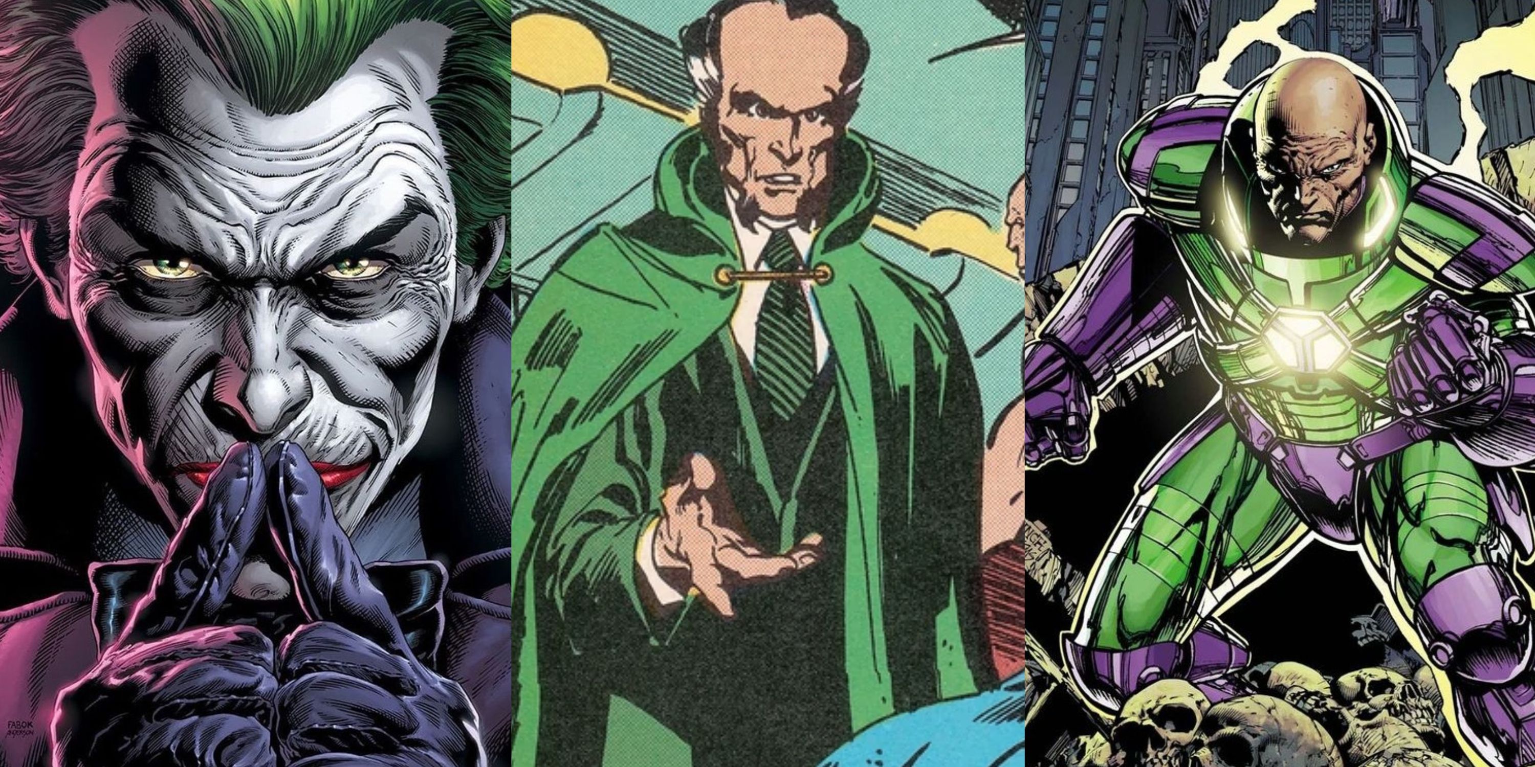 Split image of Joker from Three Jokers, Bronze Age Ra's al Ghul, Lex Luthor in green battle armor