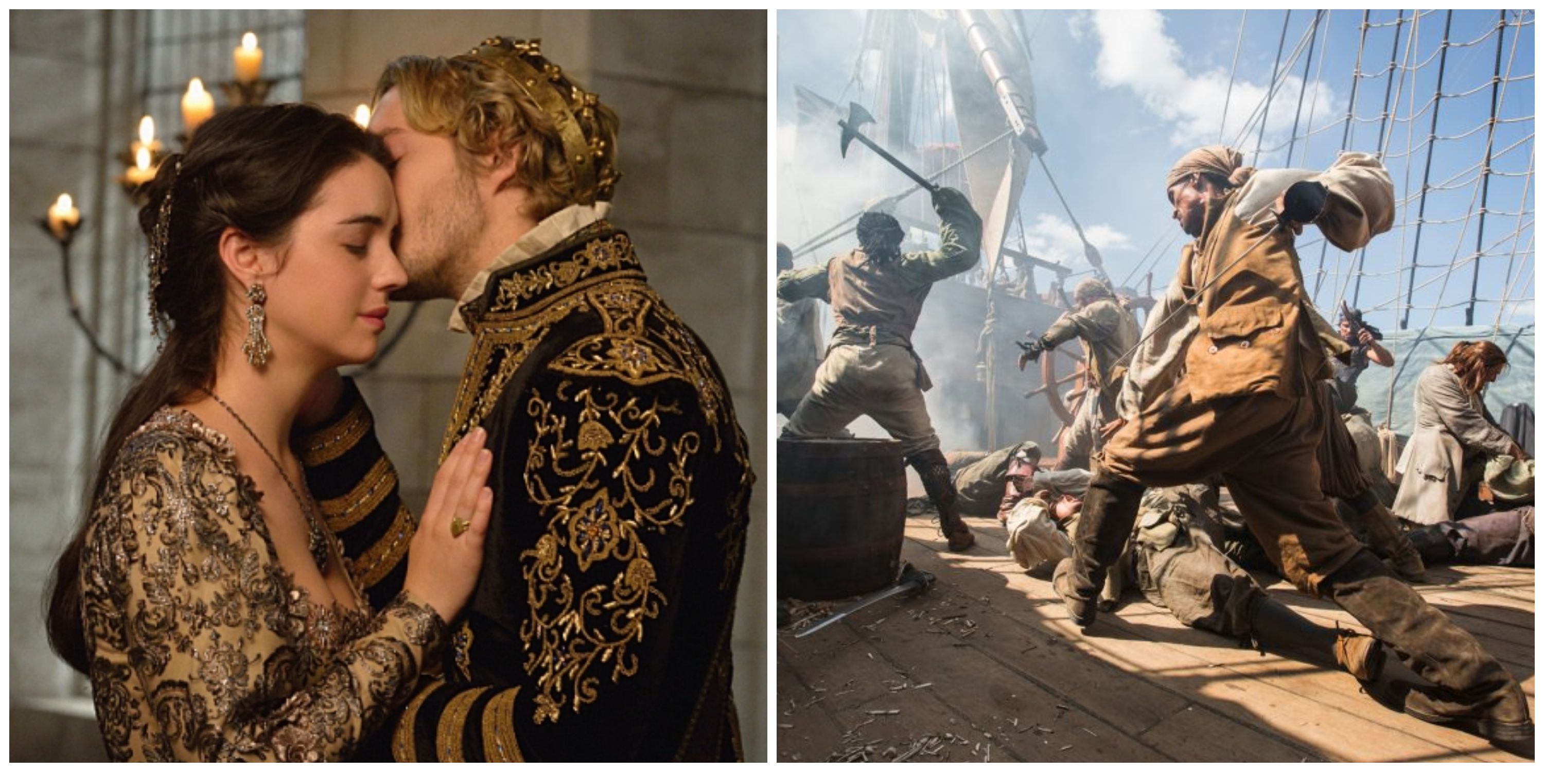 A split image of Mary and Francis in Reign and a pirate fight in Black Sails