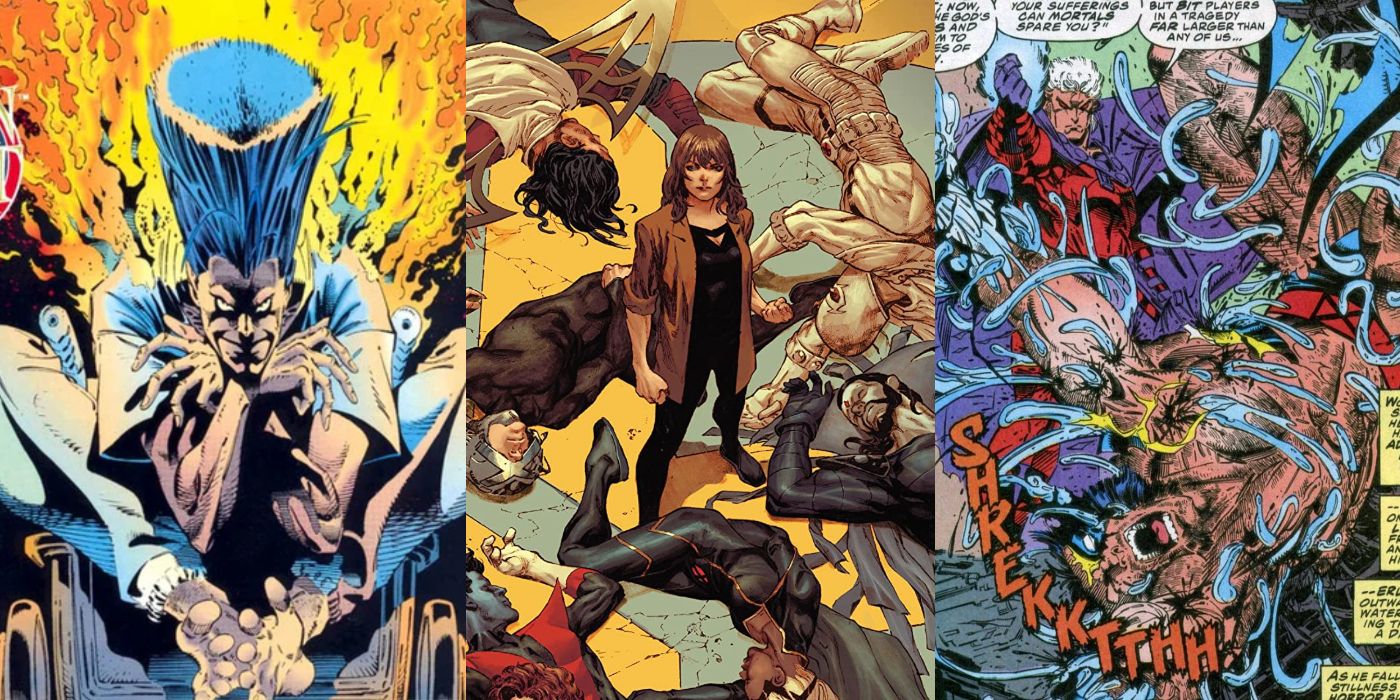 A split image of Legion from the Legion Quest, Moira standing among the vanquished Quiet Council, and Wolverine getting his adamantium ripped out by Magneto from Marvel Comics