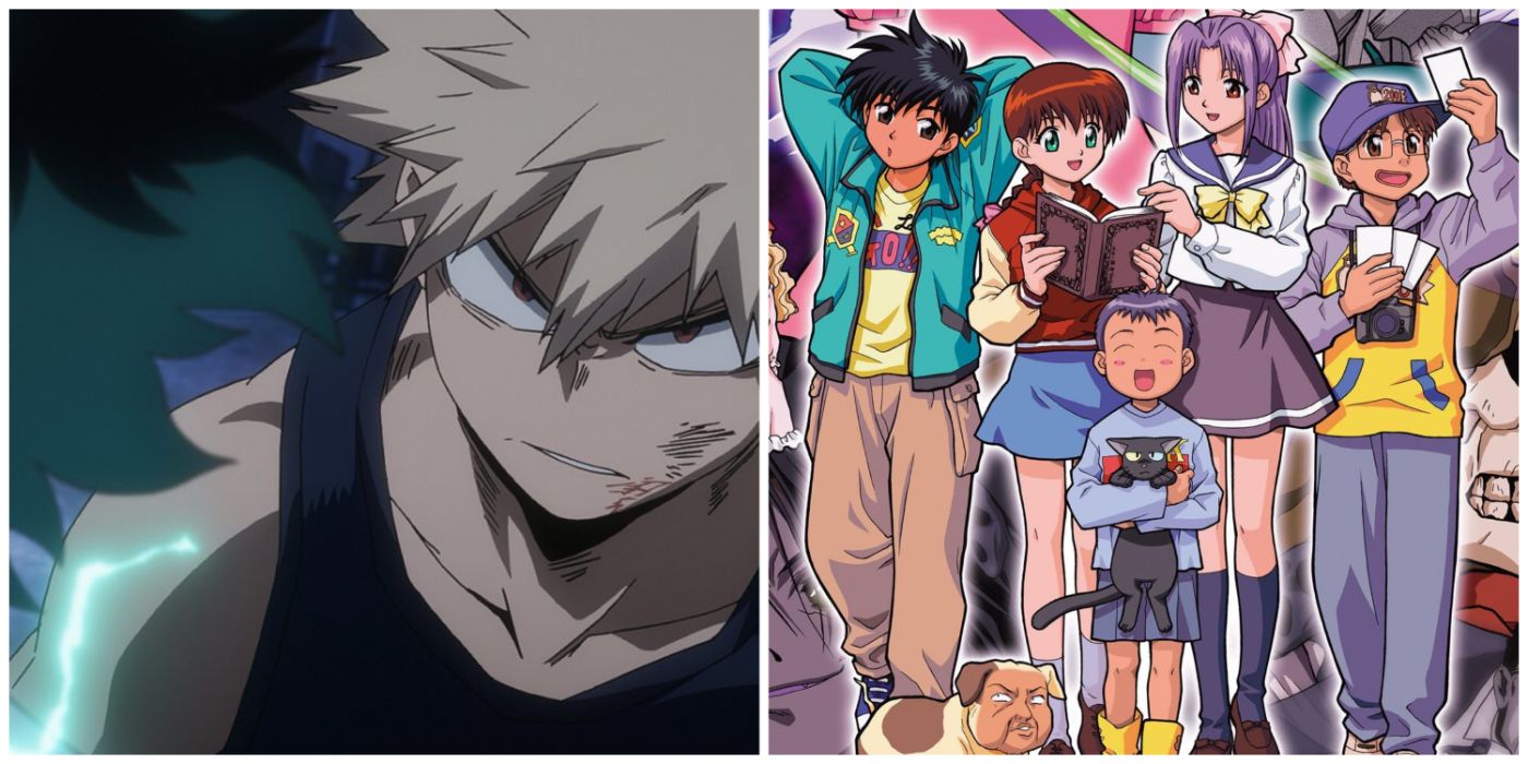 Left: Bakugo looking angry in My Hero Academia. Right: The cast of Ghost Stories posing.