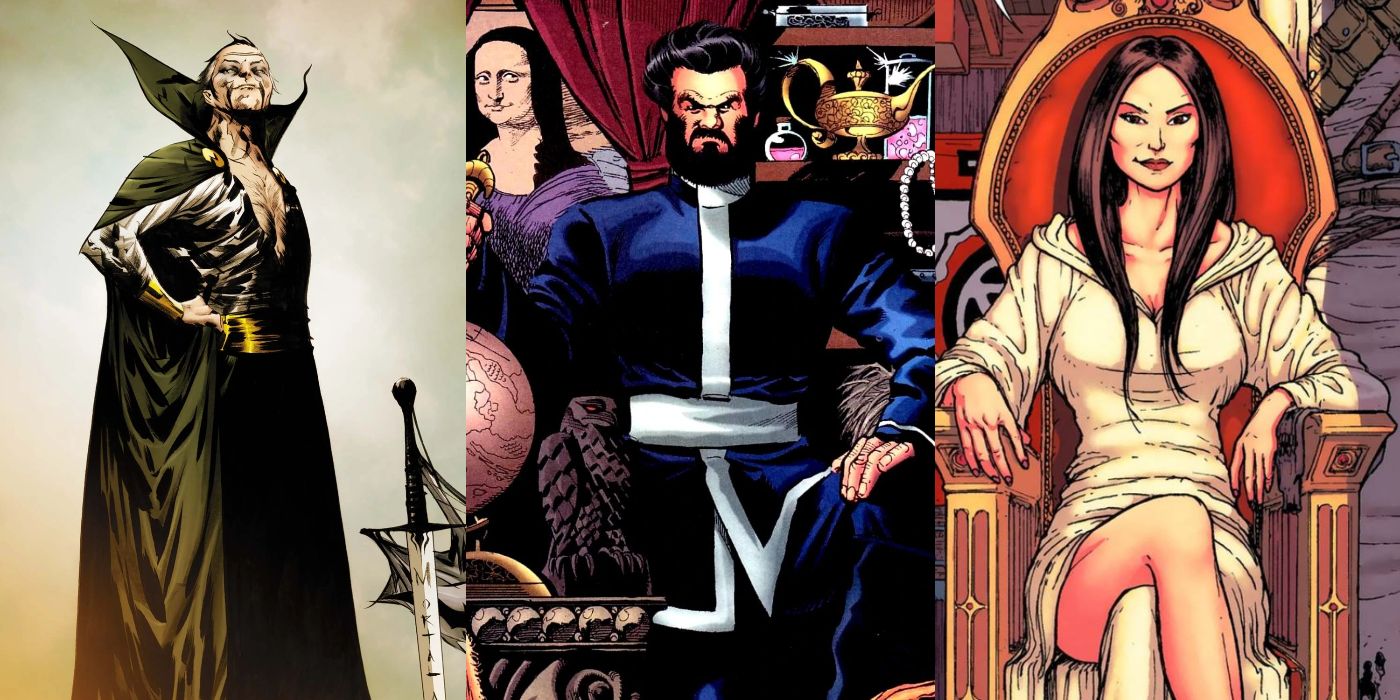A split image of Ra's al Ghul, Vandal Savage, and Talia al Ghul from DC Comics