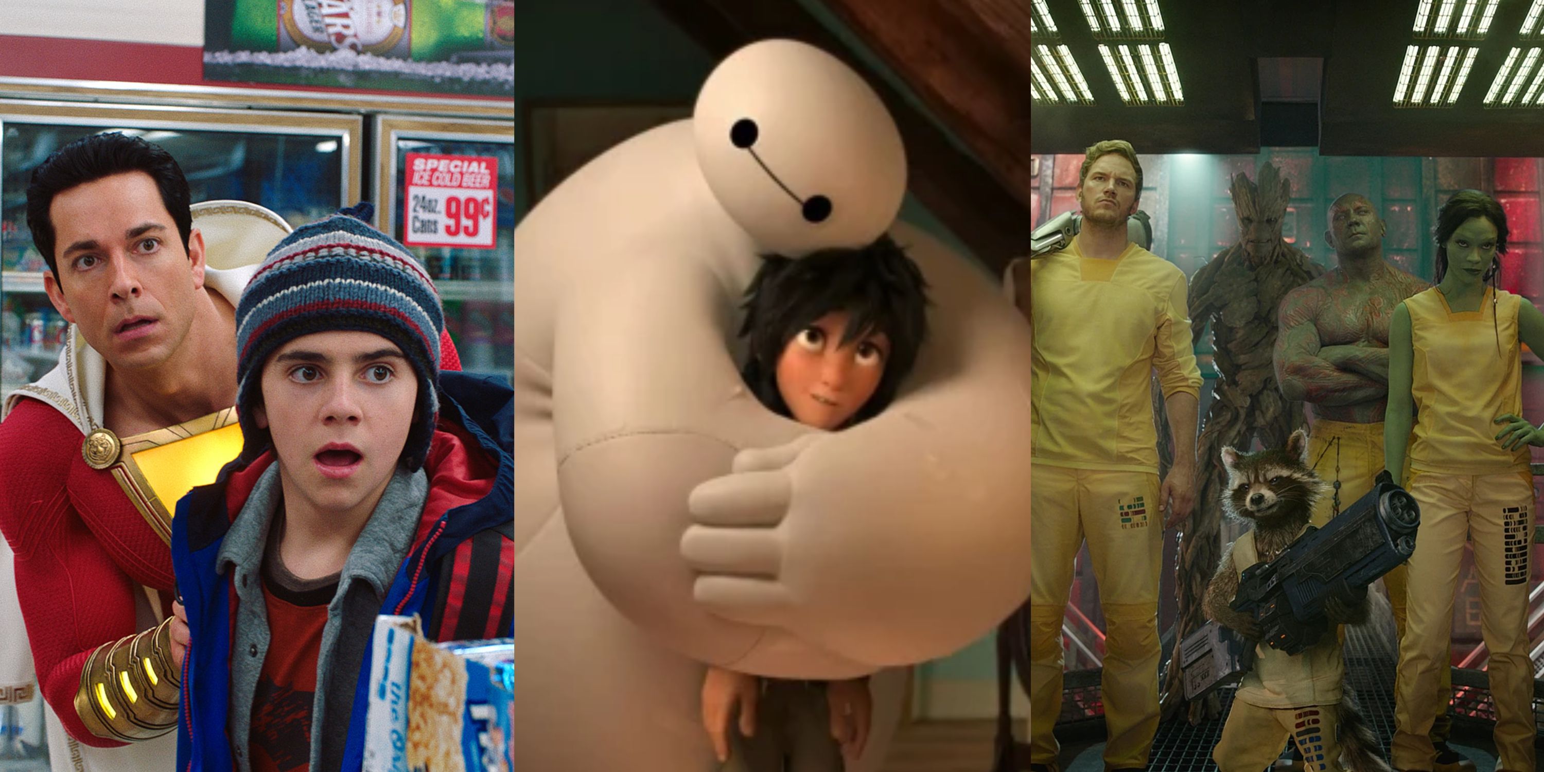 Split image of Shazam hiding behind Freddy, Baymax hugging Hiro, and the Guardians in jail holding weapons