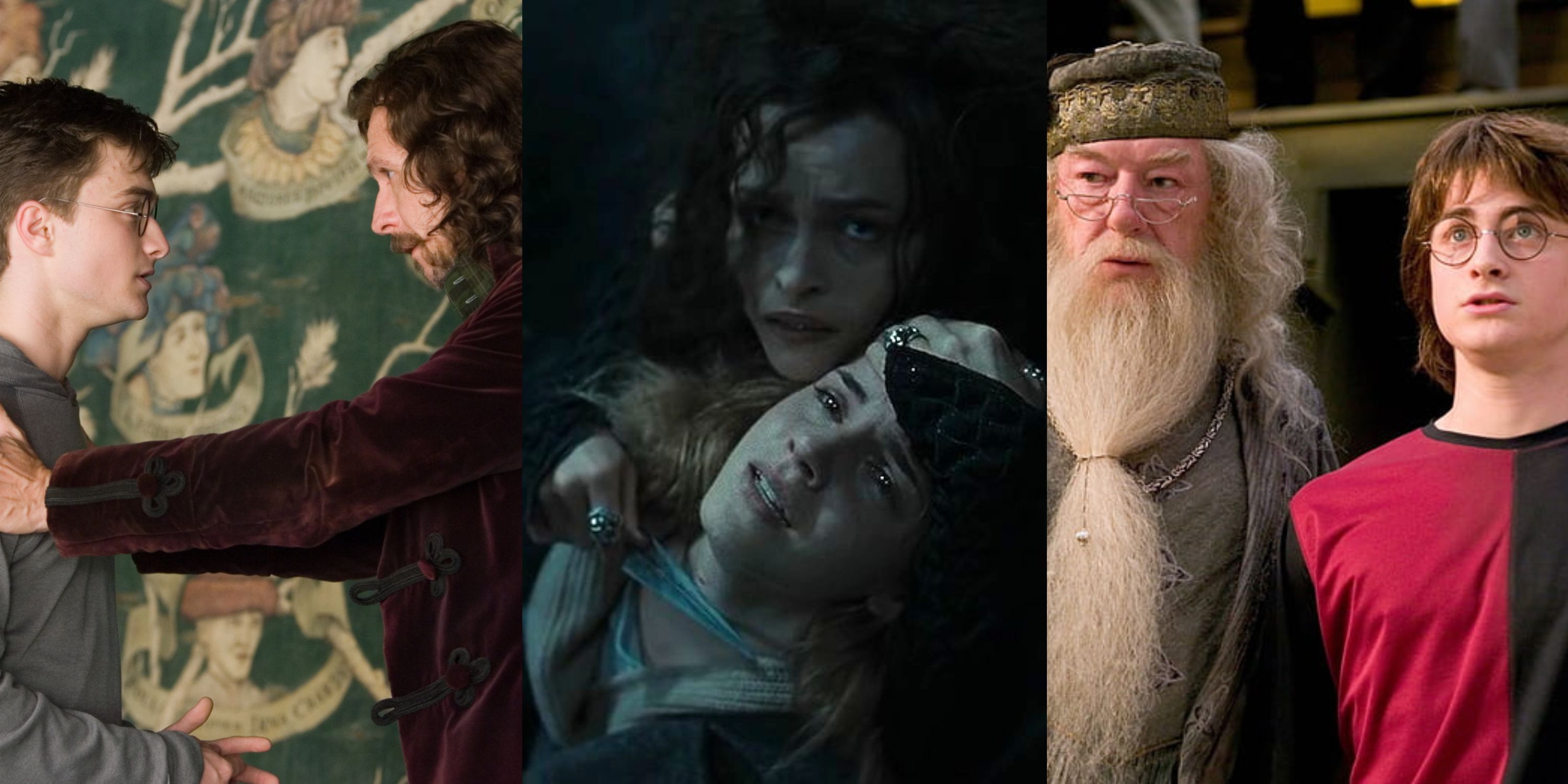 Split image of Sirius holding Harry, Bellatrix holding Hermione hostage, and Dumbledore standing next to Harry
