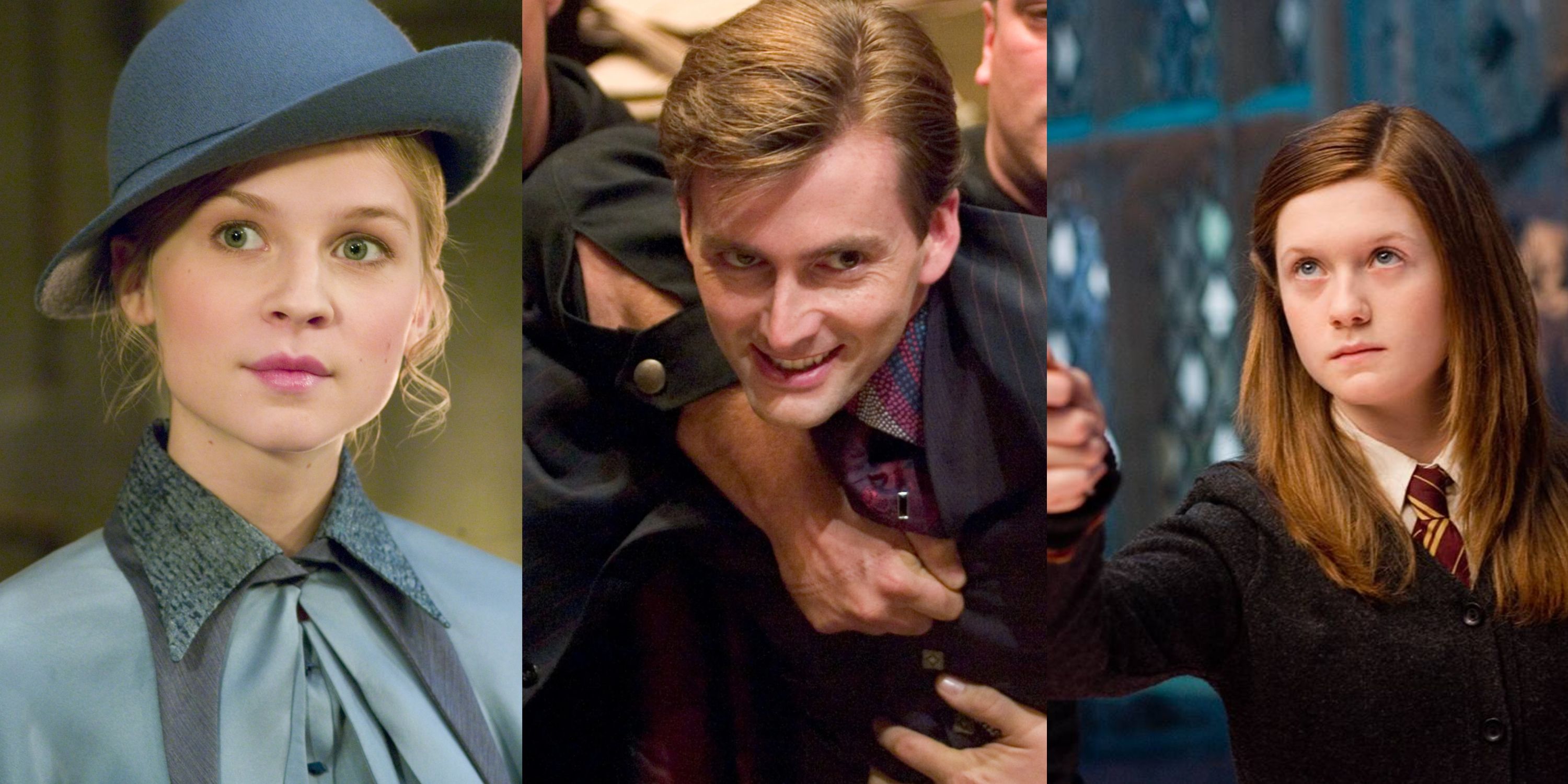 Split image of Fleur Delacour in uniform, Barty Crouch Jr smiling while being escorted away, and Ginny Weasley looking up with wand in hand