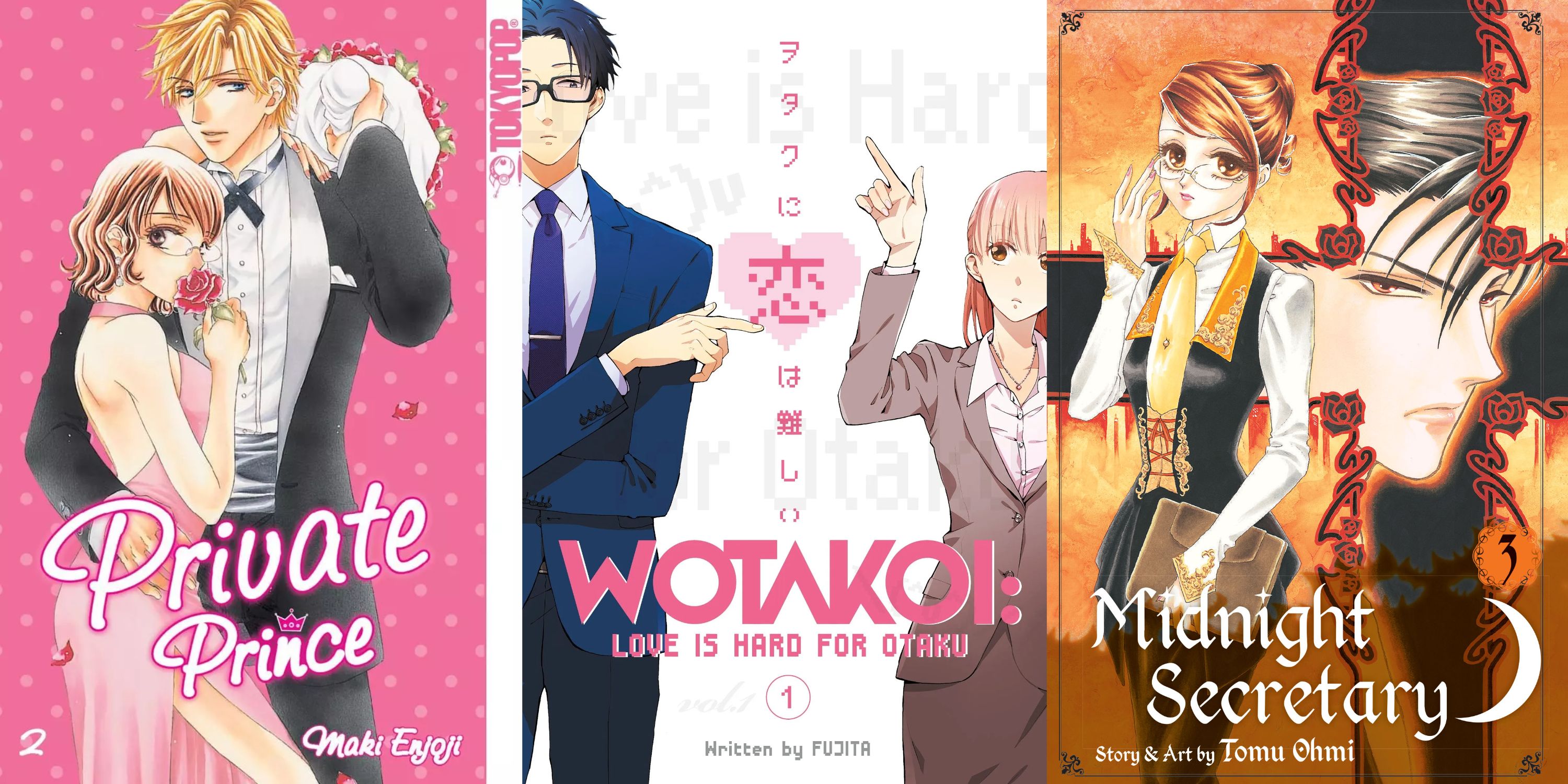 Collage of Private Prince, Wotakoi, and Midnight Secretary manga covers.