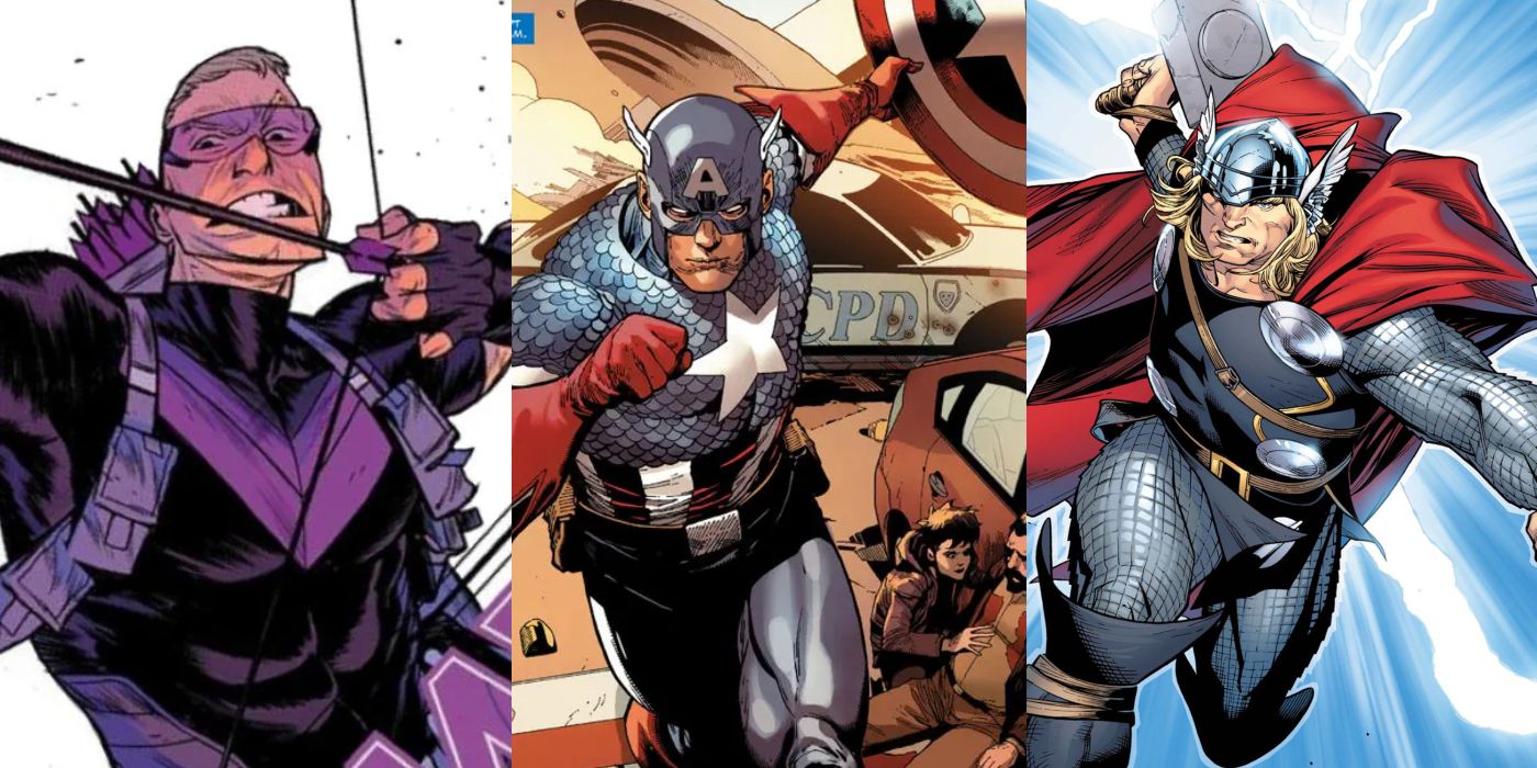 A split image of Hawkeye, Captain America, and Thor from Marvel Comics