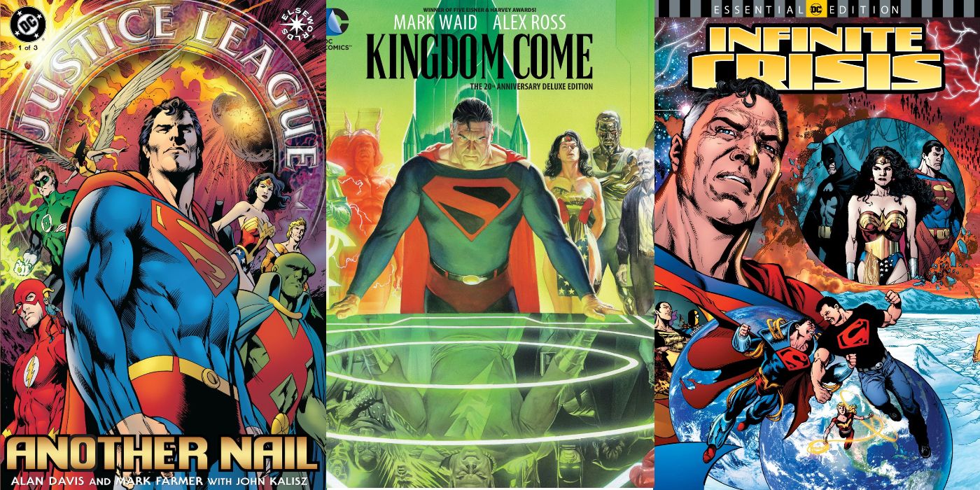A split image of Another Nail, Kingdom Come, and Infinite Crisis from DC Comics