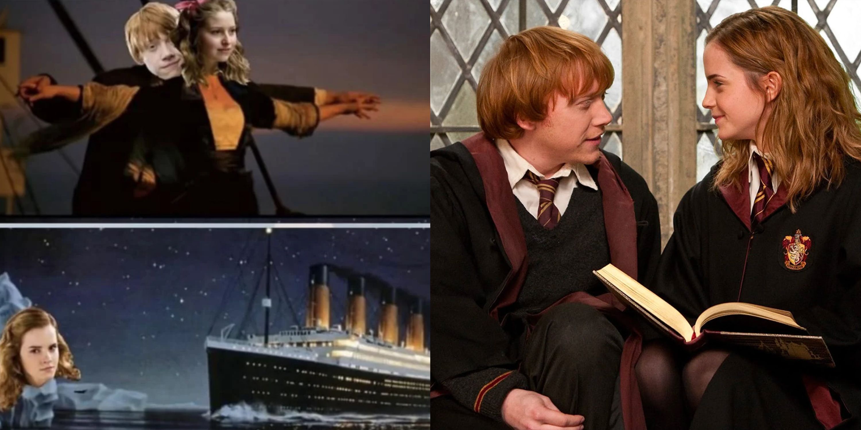 Split image of a Ron and Hermione Titanic meme (where Ron is Jack, Lavender is Rose, and Hermione is the iceberg) and Ron and Hermione studying together while smiling