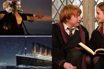 Split image of a Ron and Hermione Titanic meme (where Ron is Jack, Lavender is Rose, and Hermione is the iceberg) and Ron and Hermione studying together while smiling